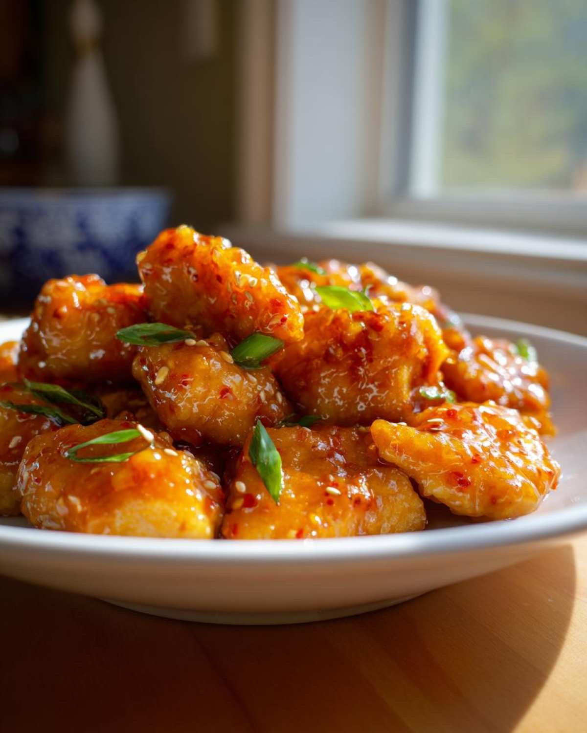 A close-up of crispy pieces of Asian Mango Glazed Chicken coated in a shiny, orange glaze, garnished with sesame seeds and green onions.