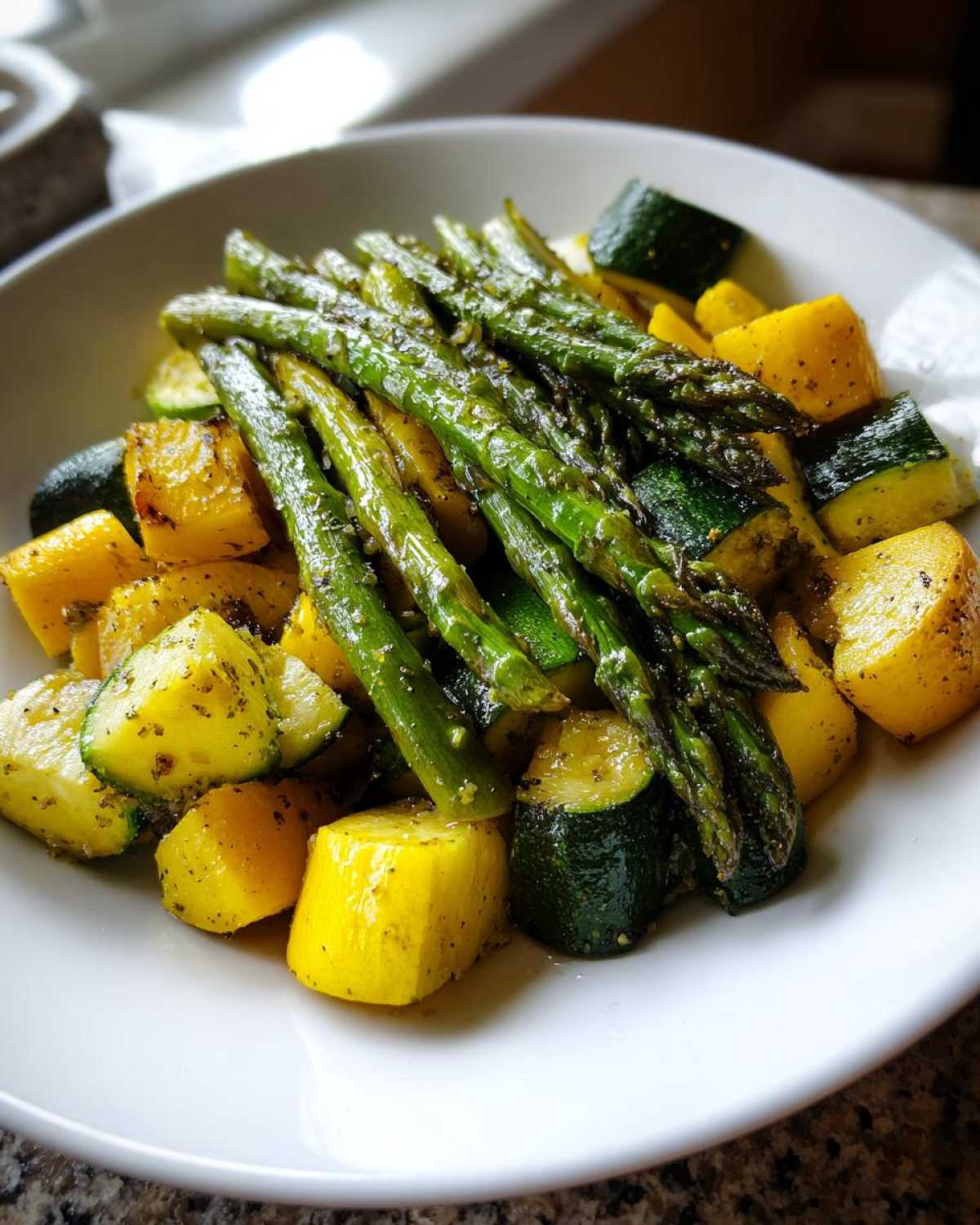 A close-up of cooked asparagus with chunks of yellow squash and zucchini, seasoned and served on a white plate.