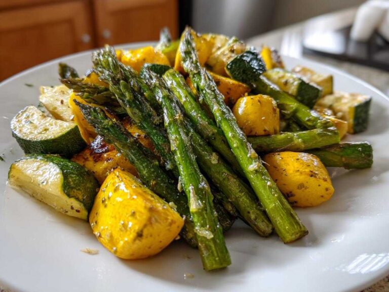 A plate of perfectly cooked Asparagus with Zucchini and Squash, seasoned and ready to eat.