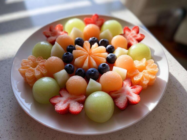 A stunning Baby Bloom Fruit Platter featuring melon balls, blueberries, and strawberries cut into flower shapes.