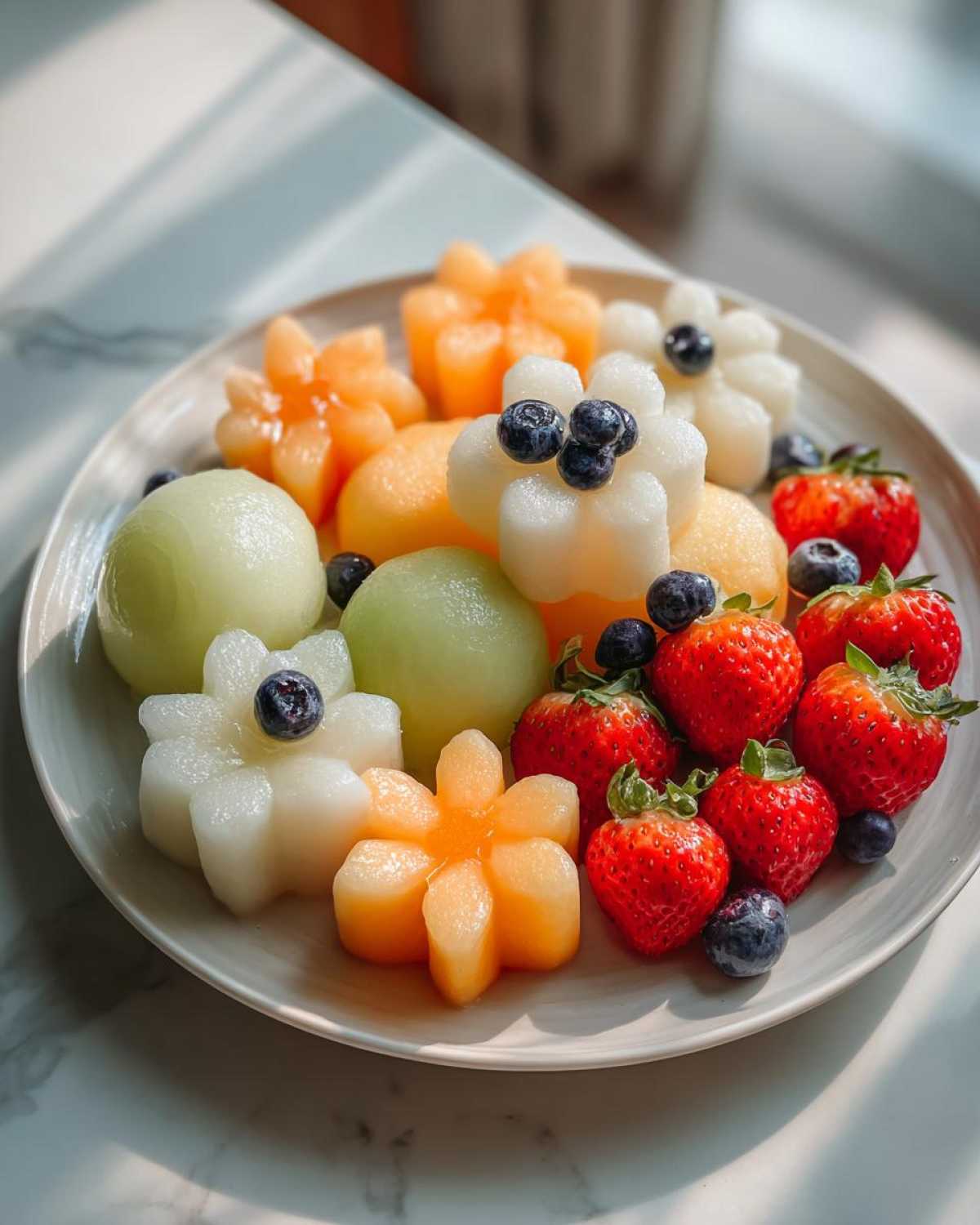 A stunning Baby Bloom Fruit Platter featuring cantaloupe, honeydew melon cut into flower shapes, strawberries, and blueberries.