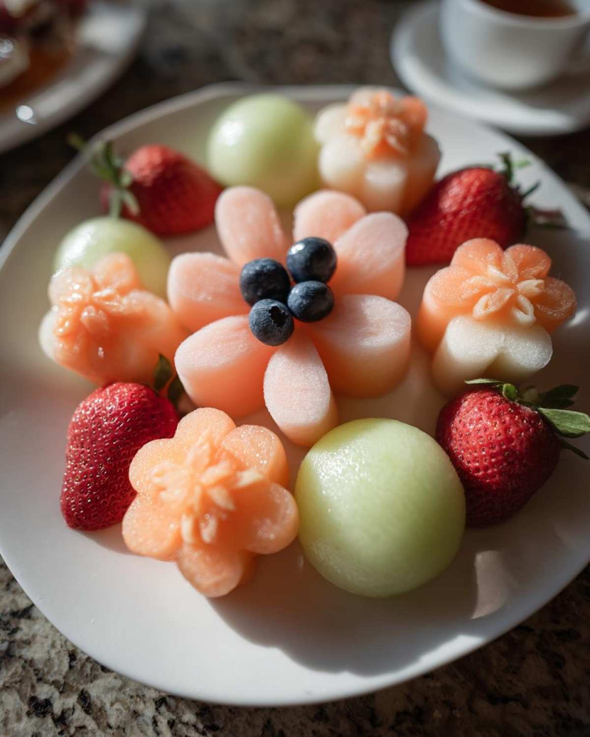 A beautifully arranged Baby Bloom Fruit Platter featuring carved melon flowers, strawberries, and blueberries.