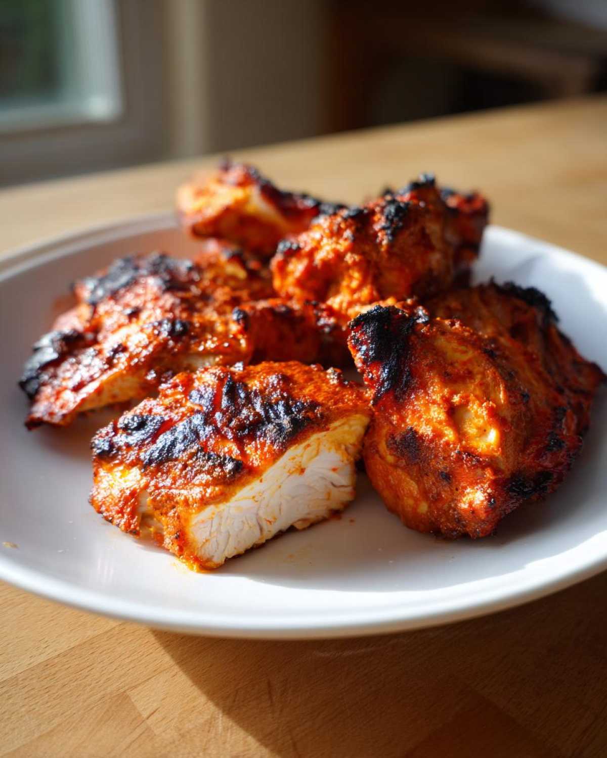 Close-up of perfectly cooked Baked Tandoori Chicken Oven pieces, showing charred edges and moist white interior.