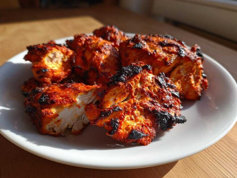 Close-up of juicy, bright red Baked Tandoori Chicken Oven pieces served on a white plate.