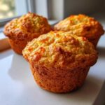 Three freshly baked, golden-brown Baking Sunshine Orange Muffins Musttry sitting on a white surface near a window.