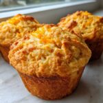 Three golden brown Baking Sunshine Orange Muffins Musttry topped with bright orange zest sitting on a light marble surface.