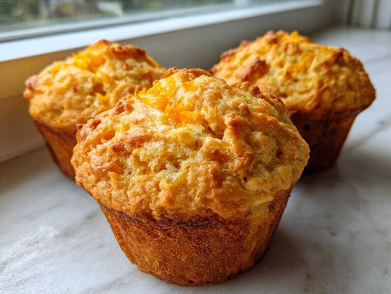 Baking Sunshine Orange Muffins Musttry: 1 Wow Three golden brown Baking Sunshine Orange Muffins Musttry topped with bright orange zest sitting on a light marble surface.