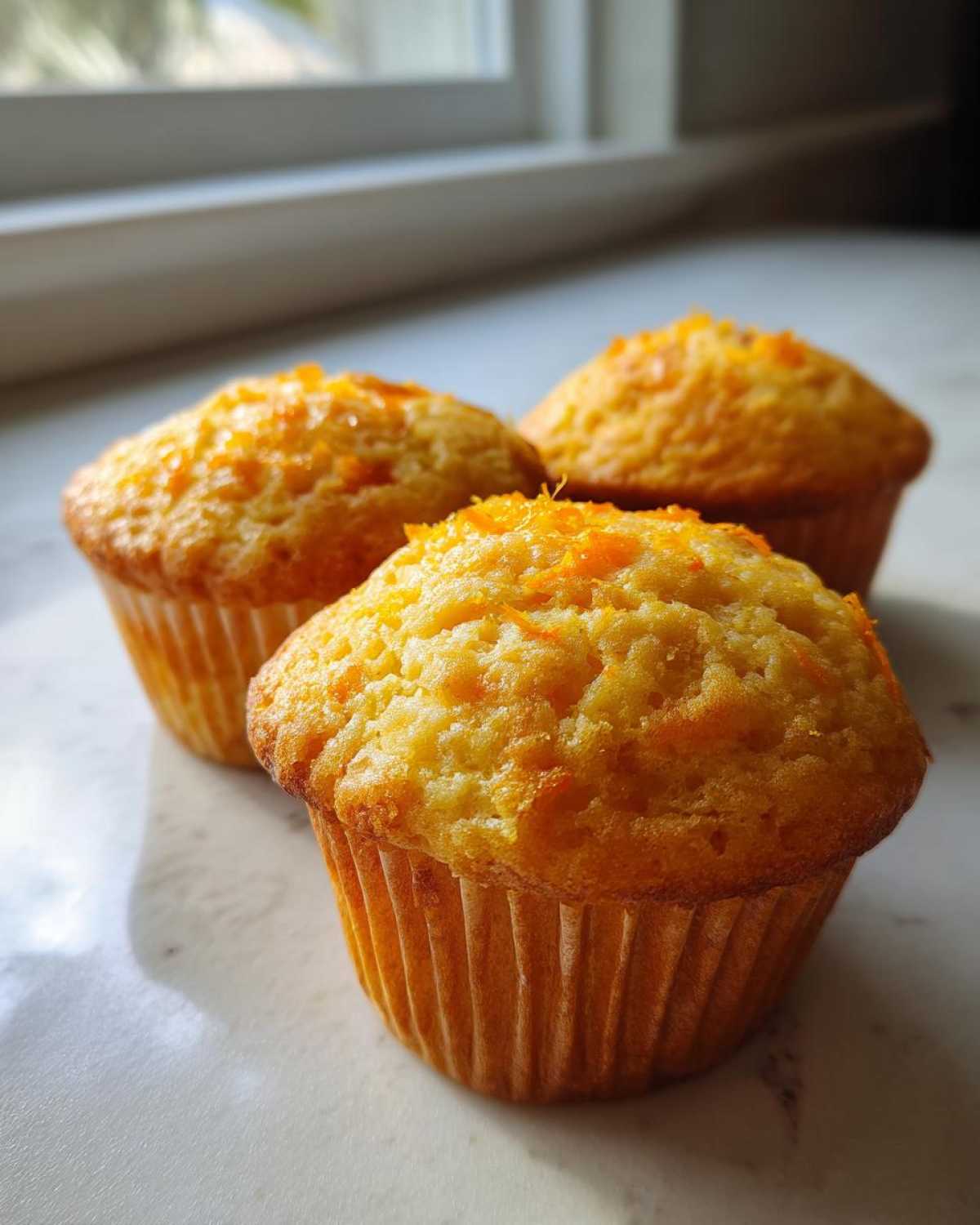 Three freshly baked orange muffins topped with zest, ready for Baking Sunshine Orange Muffins Musttry.