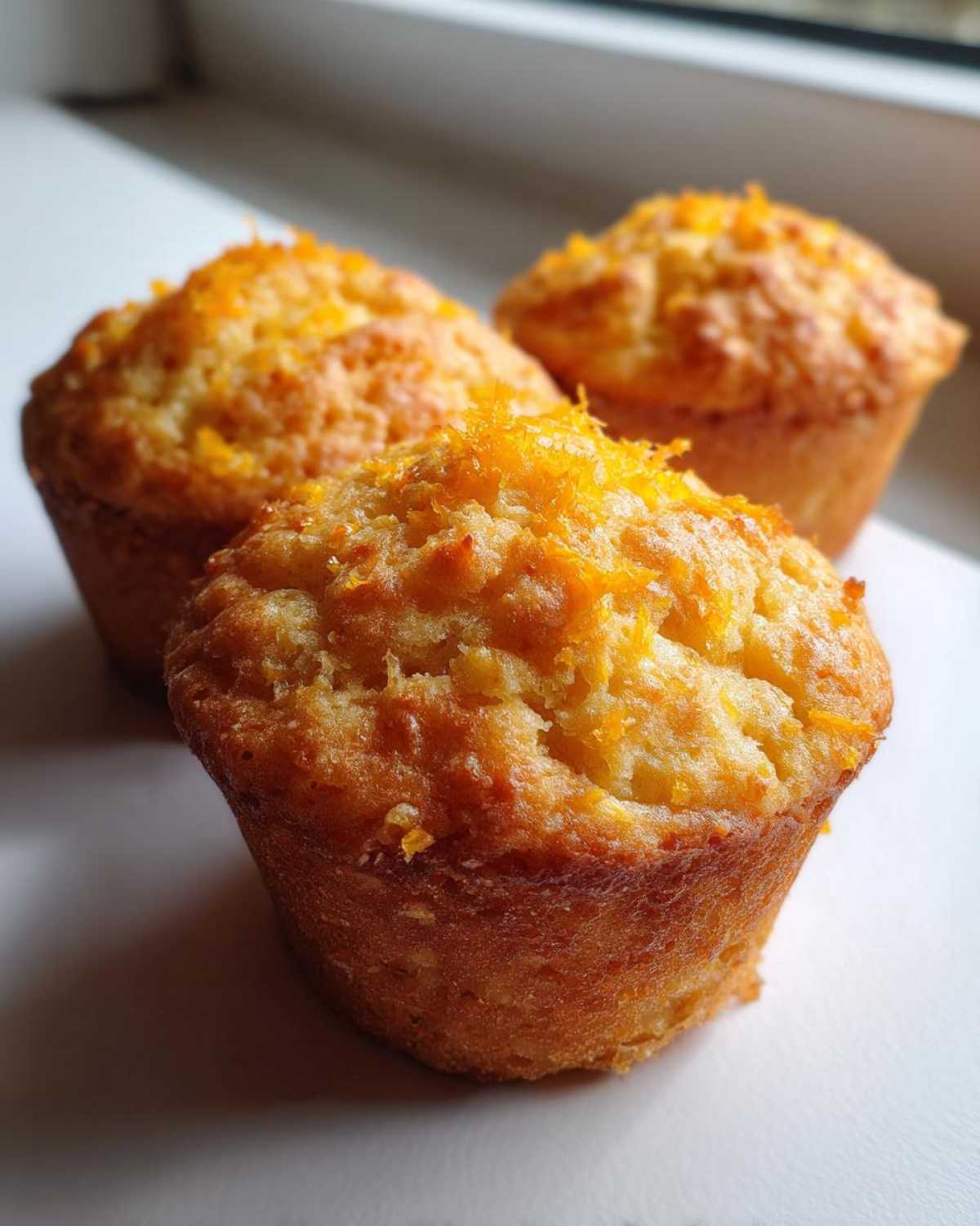 Three freshly baked golden muffins topped with bright orange zest, showcasing the texture of the Baking Sunshine Orange Muffins Musttry.