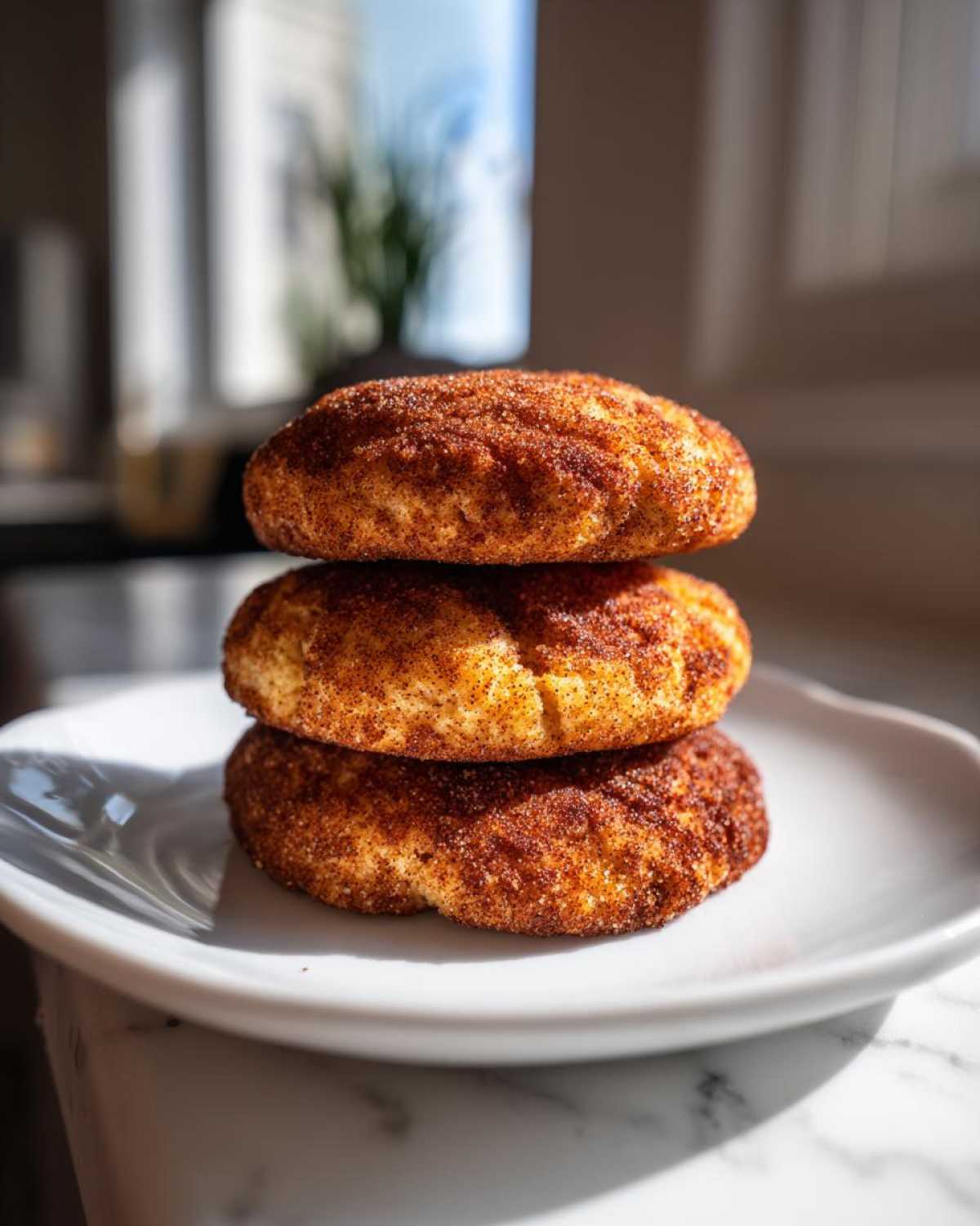 Three soft chewy Banana Snickerdoodle Cookies stacked on a white plate, coated in cinnamon sugar.