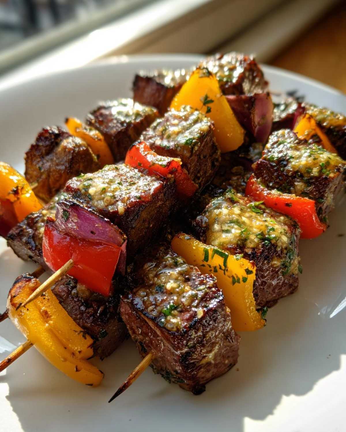 Close-up of grilled BBQ skewers featuring beef cubes, red onion, and bell peppers, generously topped with Cowboy Butter.