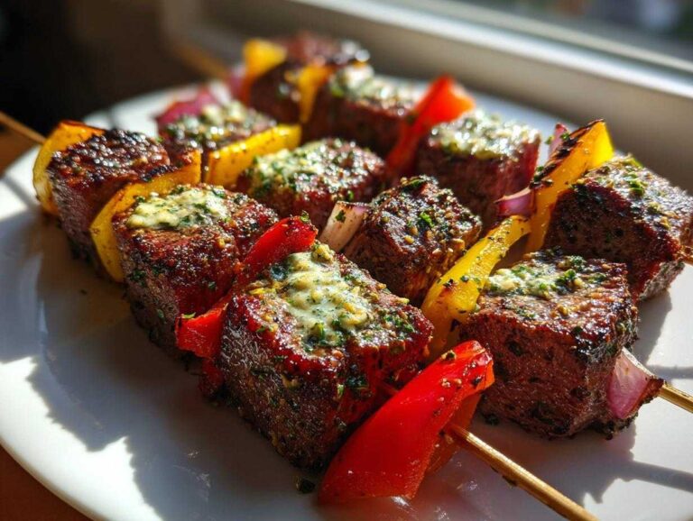 Close-up of grilled BBQ skewers featuring steak cubes topped with melting Cowboy Butter, interspersed with bell peppers.