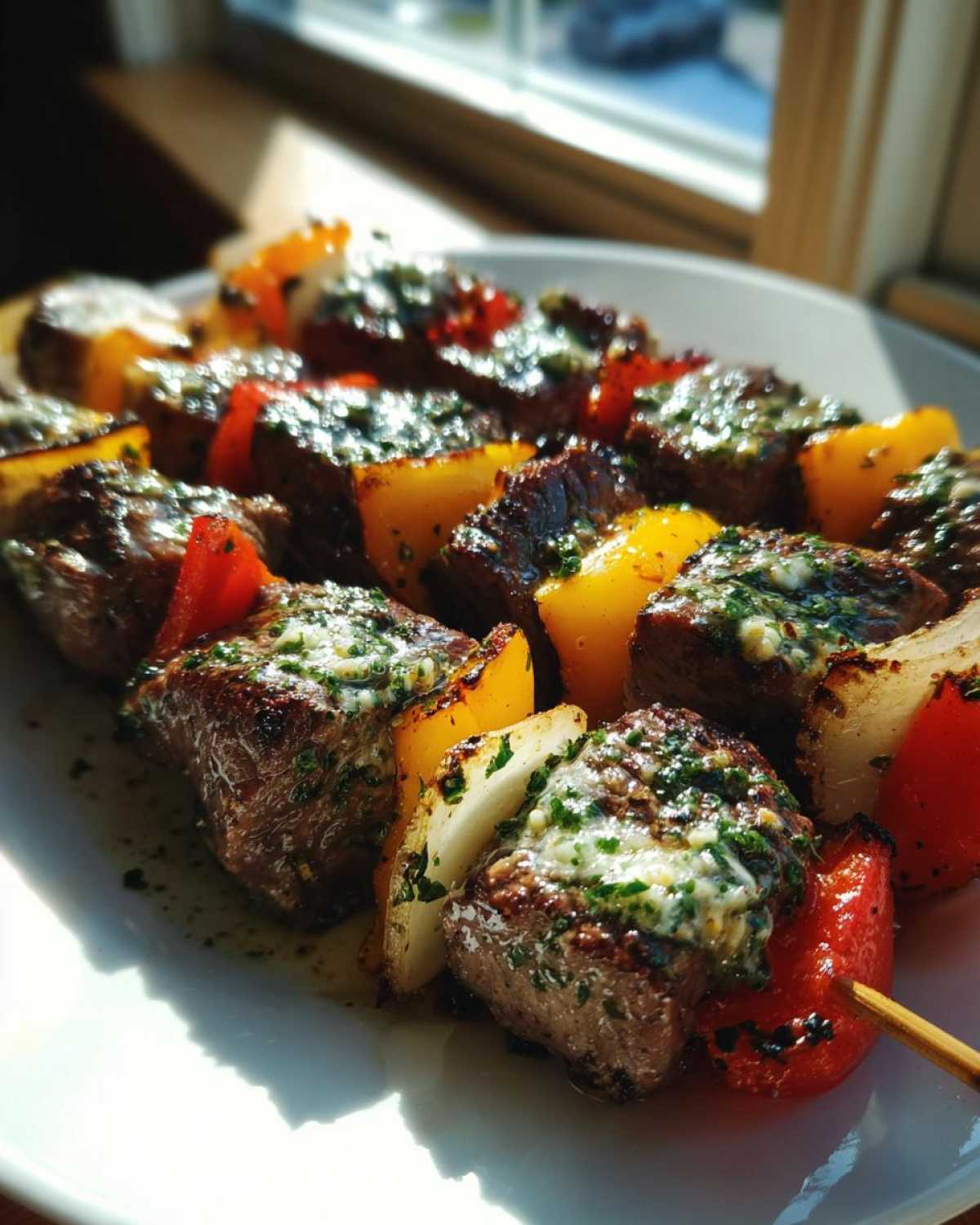 Close-up of grilled BBQ skewers featuring steak cubes, bell peppers, and onions, generously topped with melted Cowboy Butter.