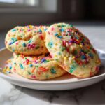 A stack of three soft Birthday Cake Cookies Funfetti Sugar loaded with colorful sprinkles on a white plate.