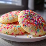 Three soft Birthday Cake Cookies Funfetti Sugar piled on a white plate, covered in colorful sprinkles.