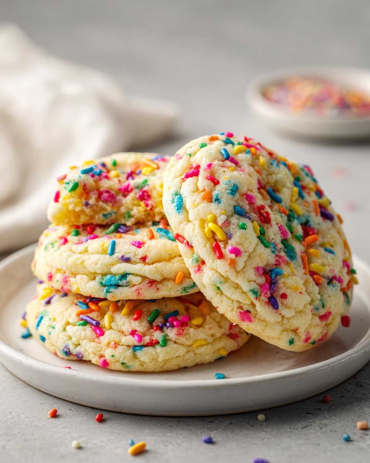 A stack of soft, chewy Birthday Cake Cookies Funfetti Sugar loaded with colorful sprinkles on a white plate.