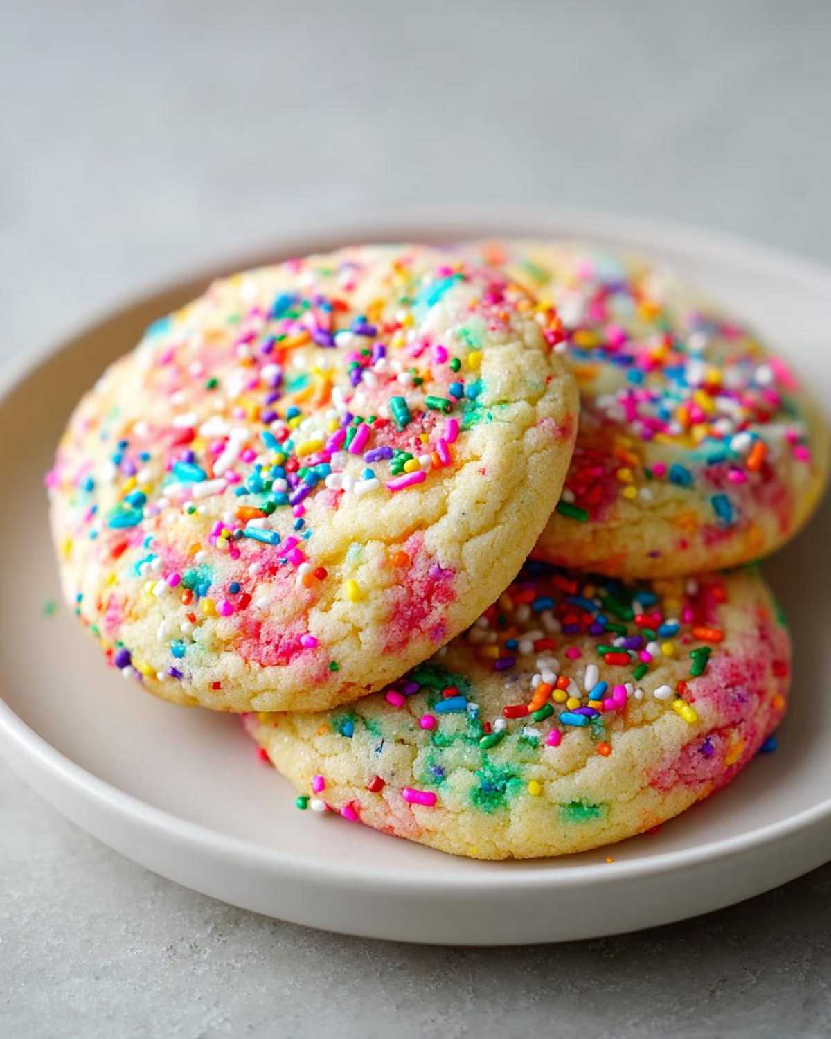 Three soft, round Birthday Cake Cookies Funfetti Sugar piled on a light plate, covered in colorful sprinkles.