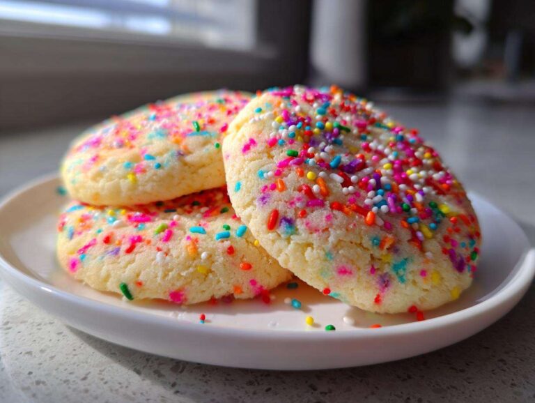 Amazing 24 Birthday Cake Cookies Funfetti Sugar Three soft Birthday Cake Cookies Funfetti Sugar piled on a white plate, covered in colorful sprinkles.