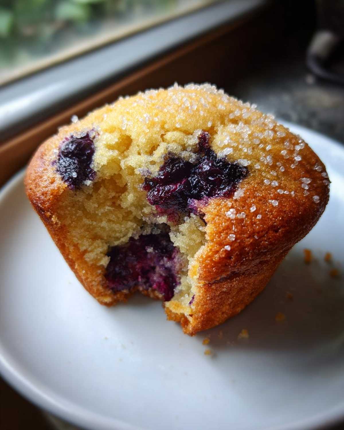 Close-up of a bite taken out of a moist Blueberry Muffins Ever Moist Tall, showing the soft interior and burst blueberries.