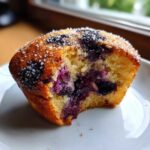 Close-up of a Blueberry Muffins Ever Moist Tall with a bite taken out, showing moist interior and coarse sugar topping.