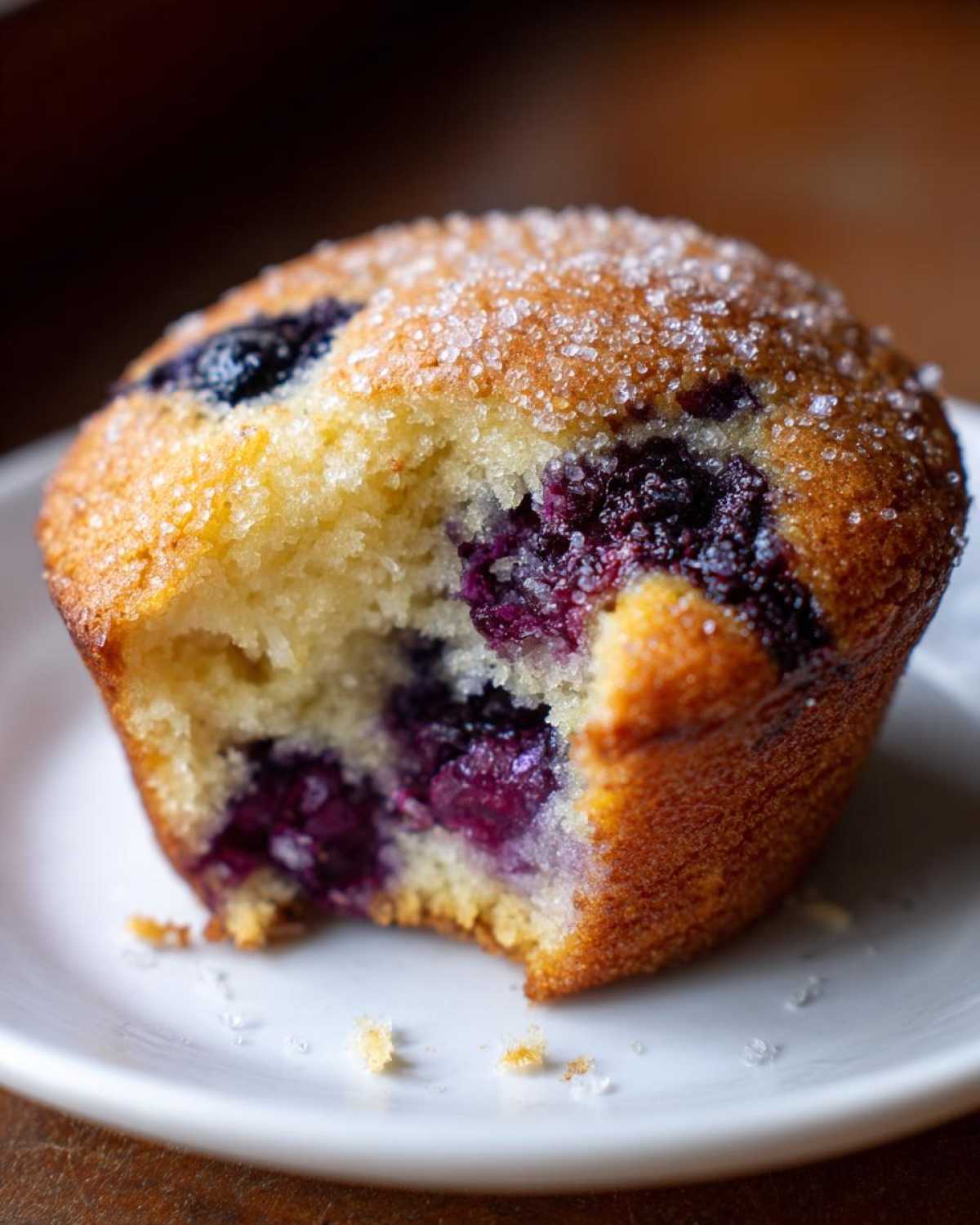 Close-up of a Blueberry Muffins Ever Moist Tall with a bite taken out, showing the moist interior and burst blueberries.