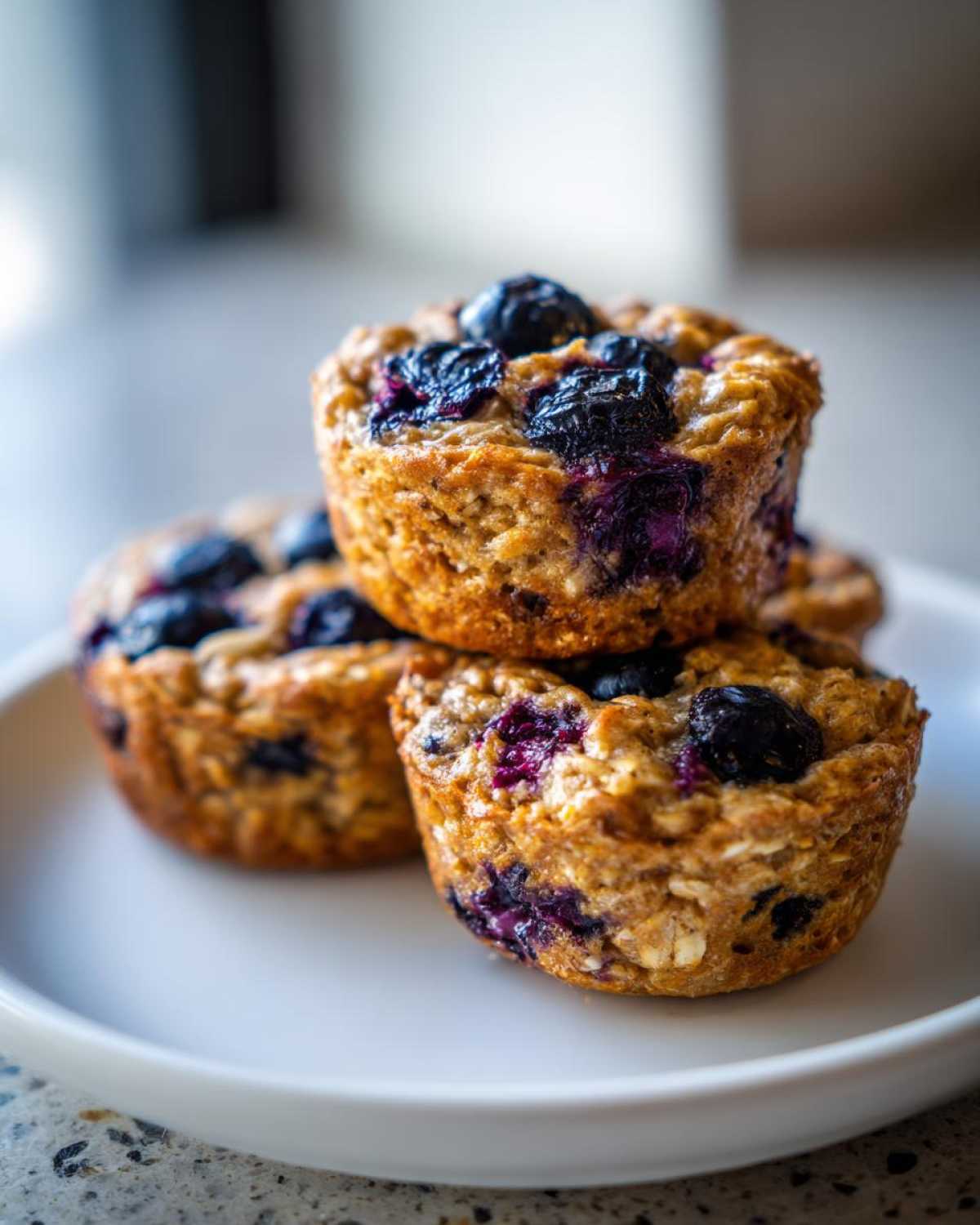Stack of baked blueberry oatmeal cups, perfect for Easy Fun Breakfast Ideas Mini.