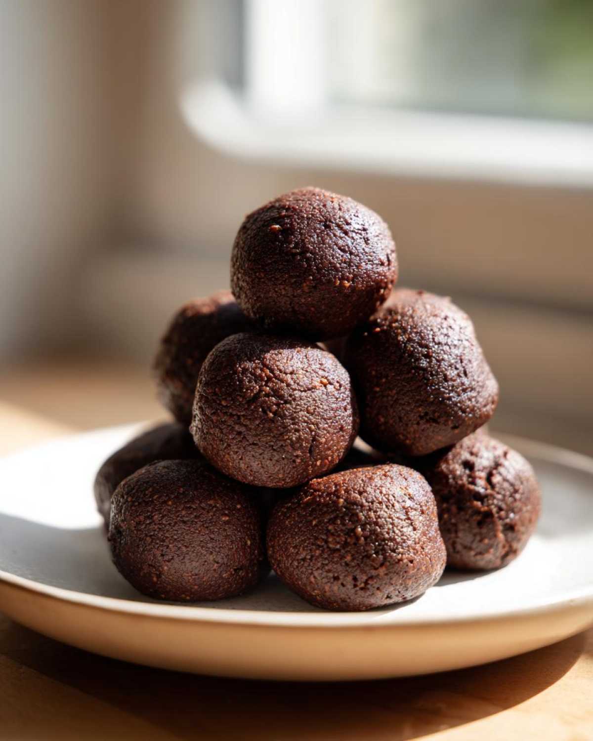 A stack of rich, dark chocolate Brownie Protein Bites Steps Healthy piled on a light-colored plate near a window.