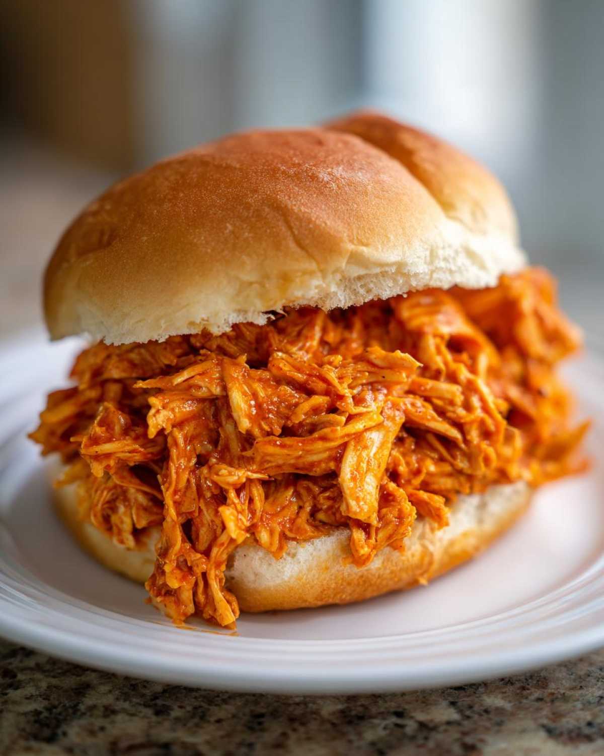 A close-up of a soft bun overflowing with saucy, shredded Buffalo Chicken Crock Pot Sandwiches filling on a white plate.