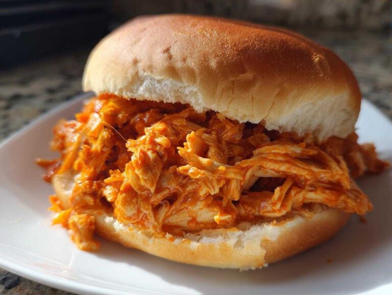 Amazing 12 Buffalo Chicken Crock Pot Sandwiches A close-up of a soft bun generously filled with shredded, saucy Buffalo Chicken Crock Pot Sandwiches filling.