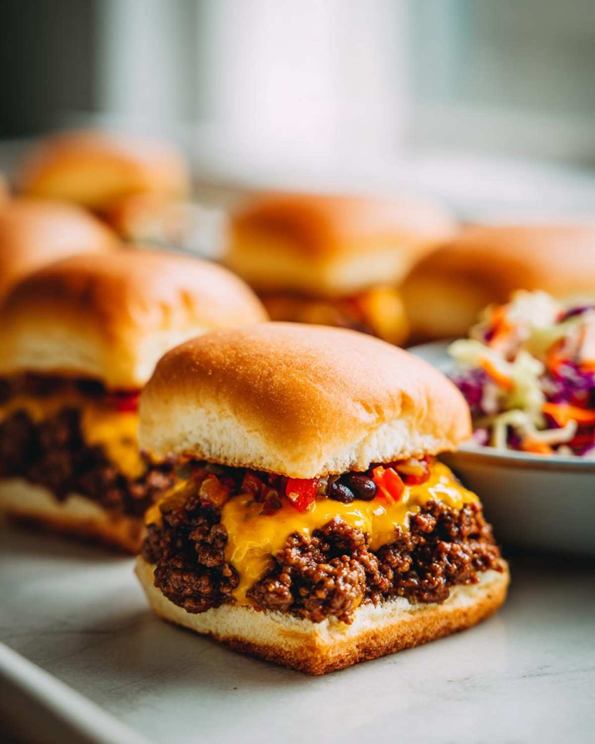 Close-up of a cheesy sloppy joe slider, a perfect addition to any Cookout Spread, with more sliders blurred in the background.