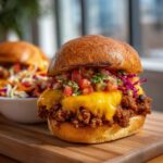 Close-up of a cheesy sloppy joe slider topped with fresh salsa, perfect for a summer cookout spread.