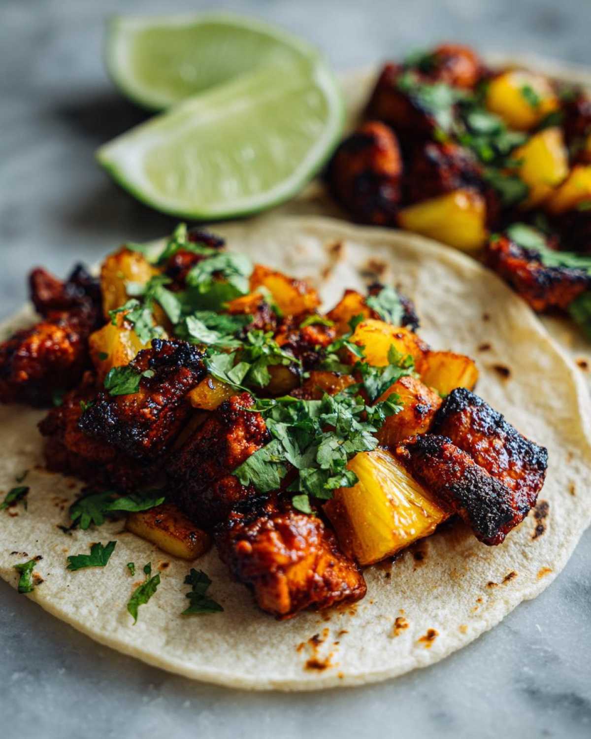 A close-up of a soft tortilla filled with seasoned Chicken Al Pastor, charred pineapple chunks, and fresh cilantro.