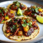 Close-up of a plate featuring several Chicken Al Pastor tacos topped with pineapple and cilantro, served with lime wedges.