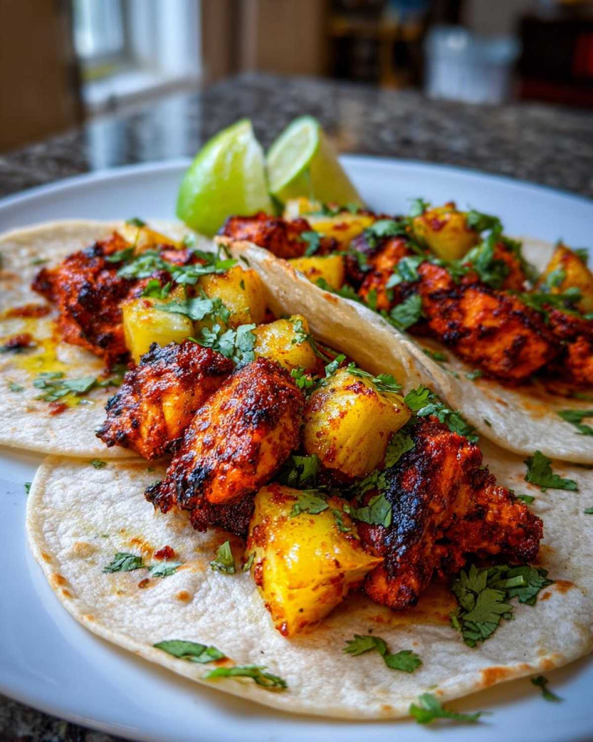 Two soft tacos filled with richly seasoned, charred Chicken Al Pastor, chunks of pineapple, and fresh cilantro, served with lime wedges.