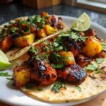 Two delicious Chicken Al Pastor tacos served on soft tortillas, topped with charred chicken, pineapple chunks, and fresh cilantro, with lime wedges.