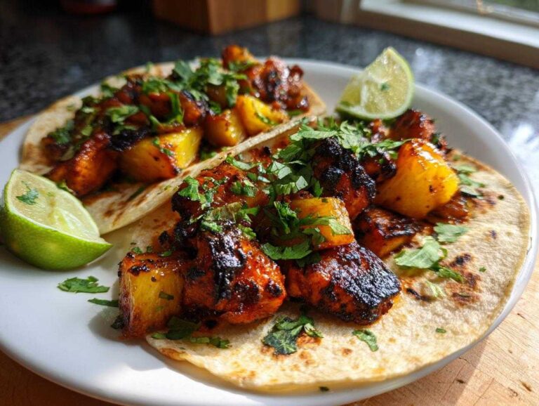 Two delicious Chicken Al Pastor tacos served on soft tortillas, topped with charred chicken, pineapple chunks, and fresh cilantro, with lime wedges.