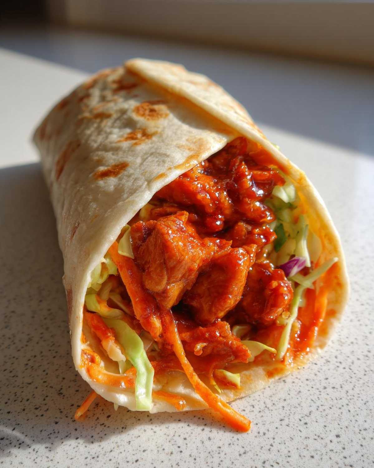 A close-up of a delicious Chili Chicken Wraps Lunch showing saucy chili chicken pieces over shredded cabbage and carrots in a soft tortilla.