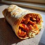 A close-up of a perfectly rolled Chili Chicken Wraps Lunch filled with saucy chicken and fresh slaw.