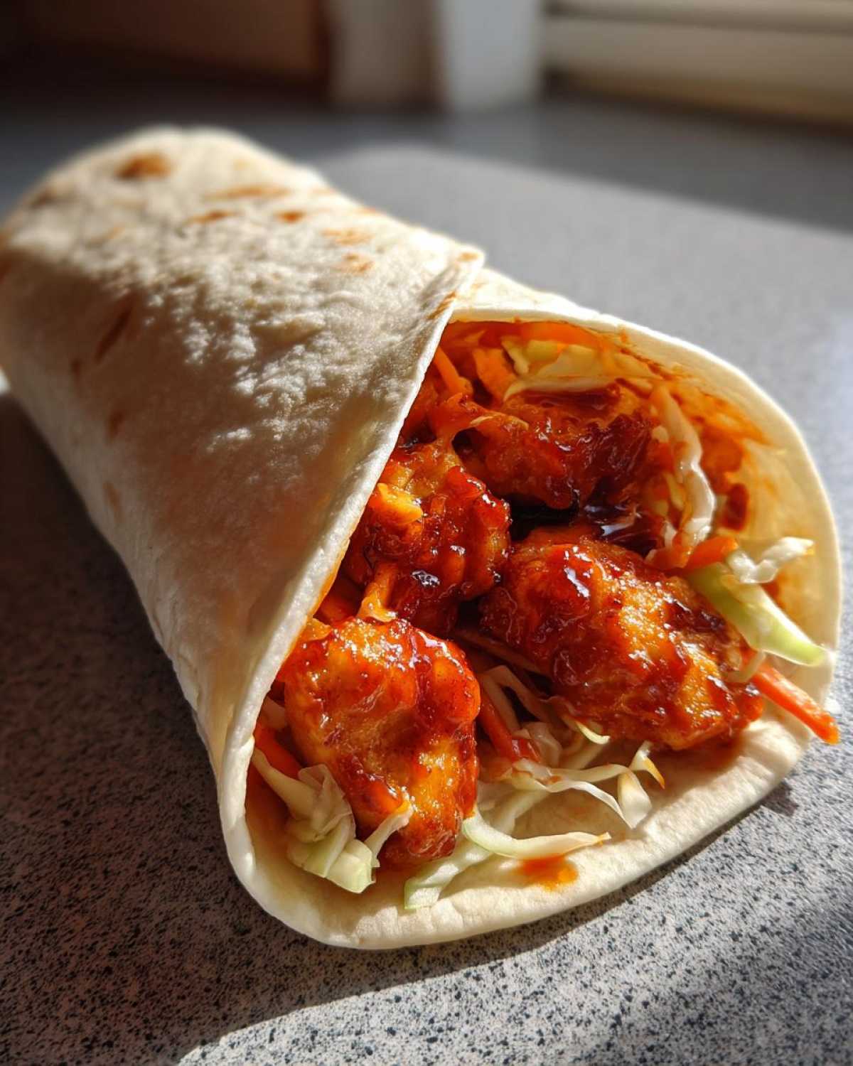 A close-up view of a freshly made Chili Chicken Wraps Lunch featuring saucy chicken pieces and shredded cabbage in a soft tortilla.