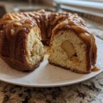 A slice cut from a bundt-style Cinnamon Apple Cake, drizzled generously with caramel sauce.