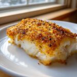 A close-up of a flaky white fillet of Classic Boston Baked Cod with a golden, crispy breadcrumb topping.