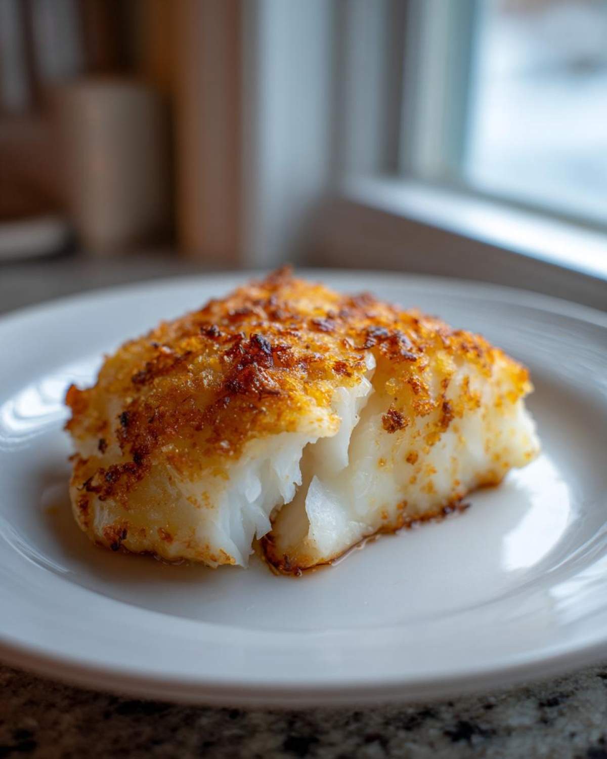 A flaky, white fillet of Classic Boston Baked Cod with a golden-brown, crispy topping on a white plate.