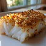 Close-up of a flaky, white fillet of Classic Boston Baked Cod with a golden, herbed breadcrumb topping.