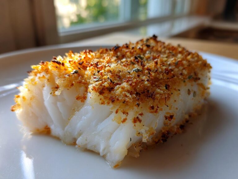 Amazing 320 Cal Classic Boston Baked Cod Close-up of a flaky, white fillet of Classic Boston Baked Cod with a golden, herbed breadcrumb topping.