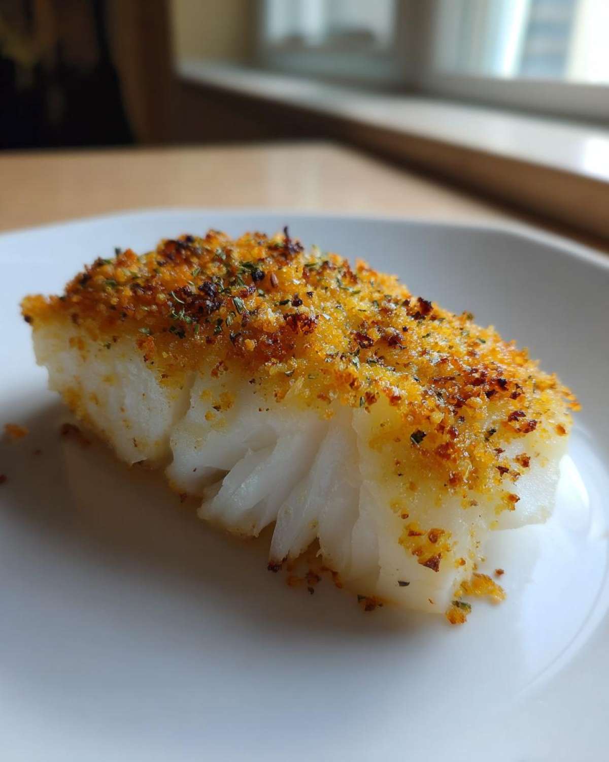 Close-up of a flaky white fillet of Classic Boston Baked Cod with a golden, seasoned breadcrumb crust.