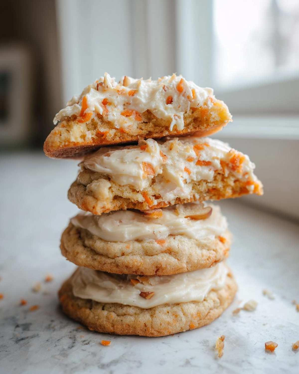 A stack of three Cozy Carrot Cake Cookies Cream, with the top cookie broken in half showing the soft interior and cream cheese frosting.