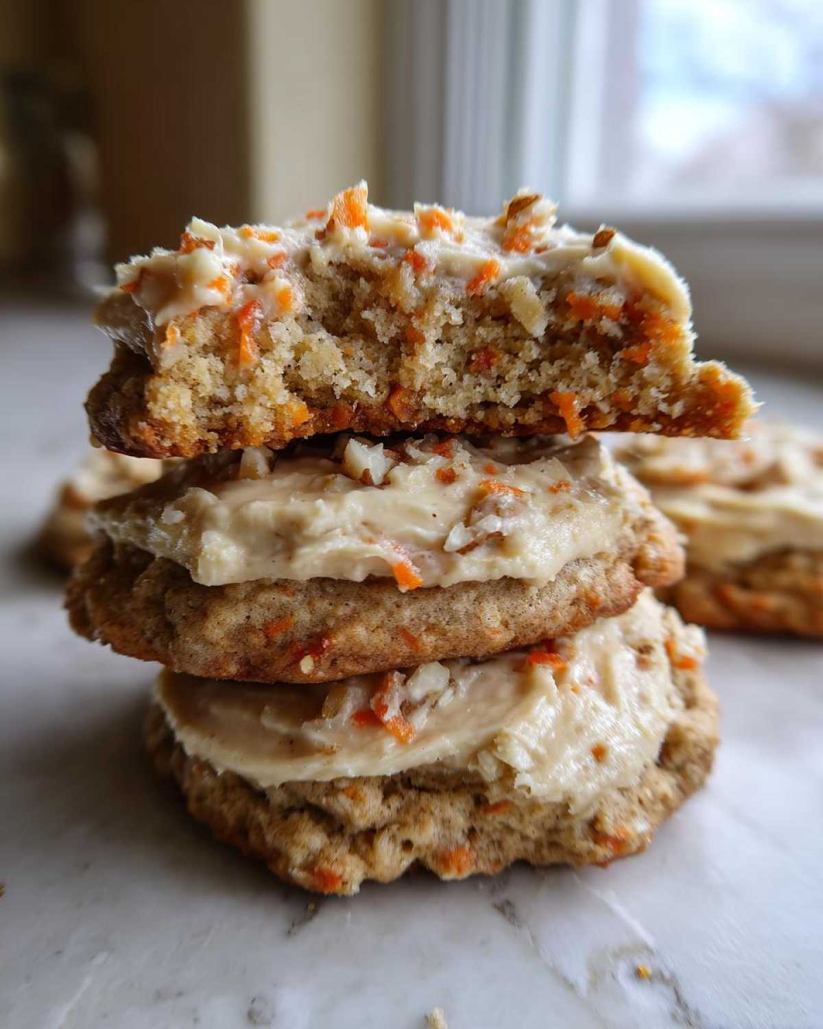 Close-up of three stacked Cozy Carrot Cake Cookies Cream sandwiches, one cookie broken open showing the soft interior.
