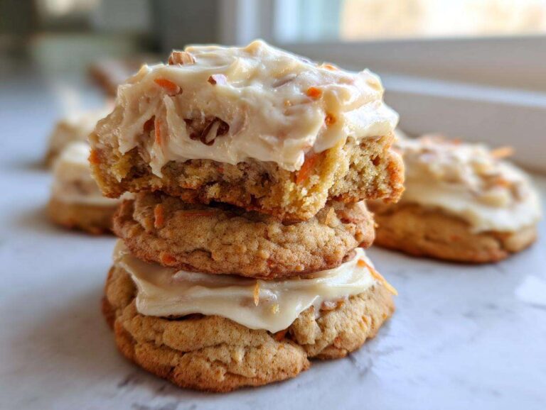 5 Star Cozy Carrot Cake Cookies Cream Magic A stack of three Cozy Carrot Cake Cookies Cream, with the top cookie broken open showing the soft interior and thick cream cheese frosting.