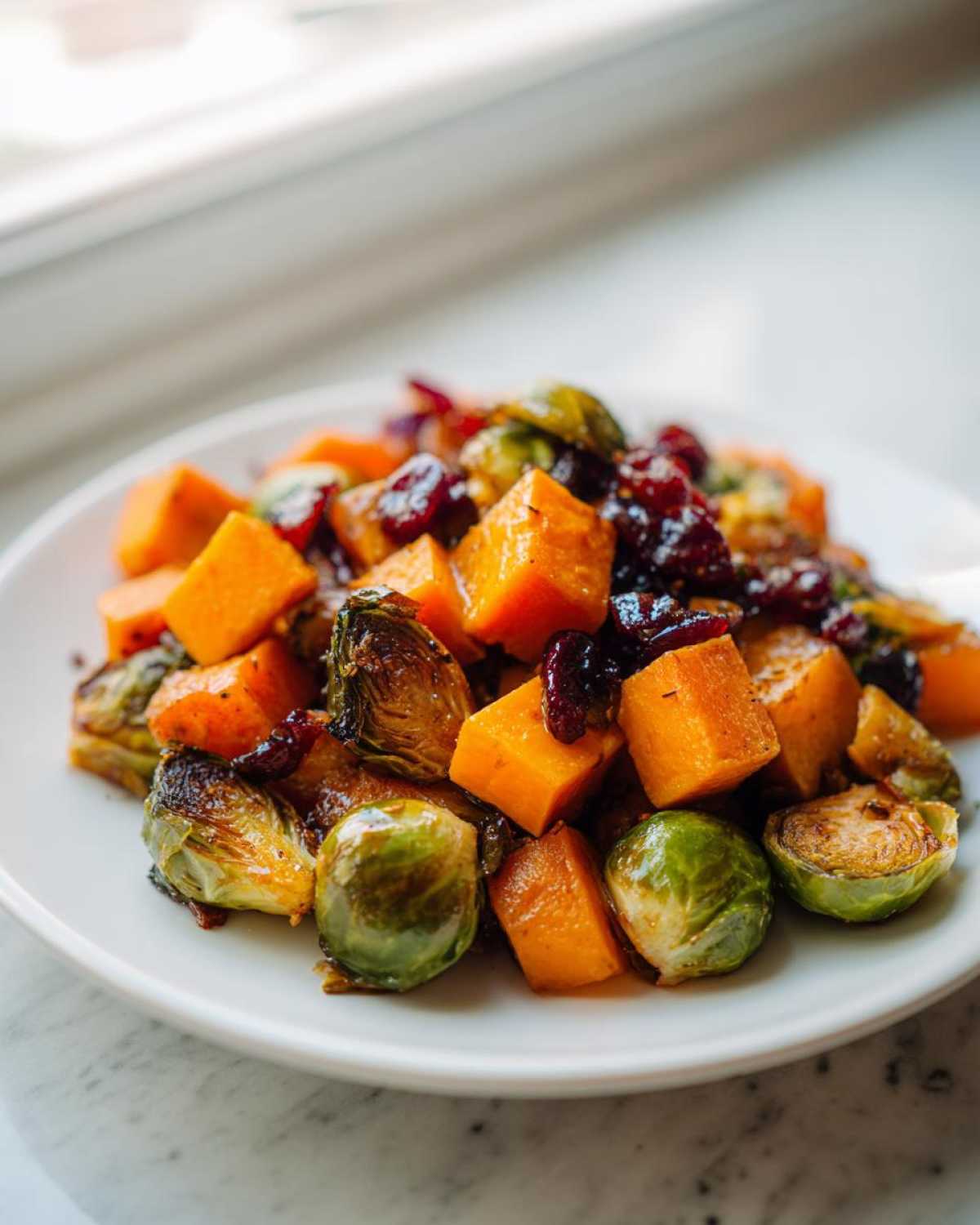 Close-up of roasted vegetables featuring bright orange butternut squash cubes, green Brussels sprouts, and dark cranberries, likely Cranberry Glazed Roasted Butternut Squash Brussels Sprouts and Sweet Potato Salad.
