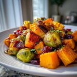 Close-up of roasted butternut squash, Brussels sprouts, and dried cranberries coated in a glaze, part of the Cranberry Glazed Roasted Butternut Squash Brussels Sprouts and Sweet Potato Salad.
